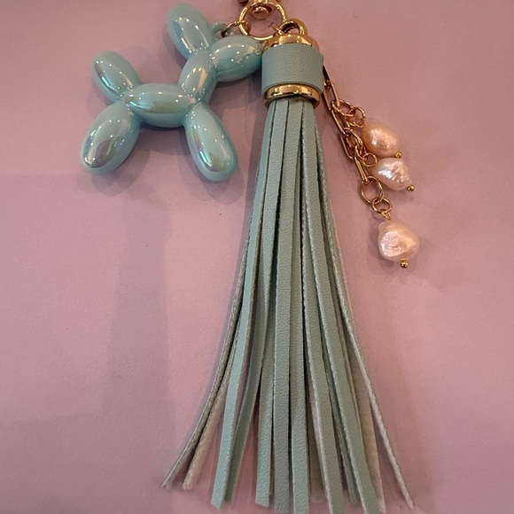 Aqua Balloon Dog Tassel Keychain with Faux Pearls & Gold Hardware –One of A Kind - Picture 9 of 9